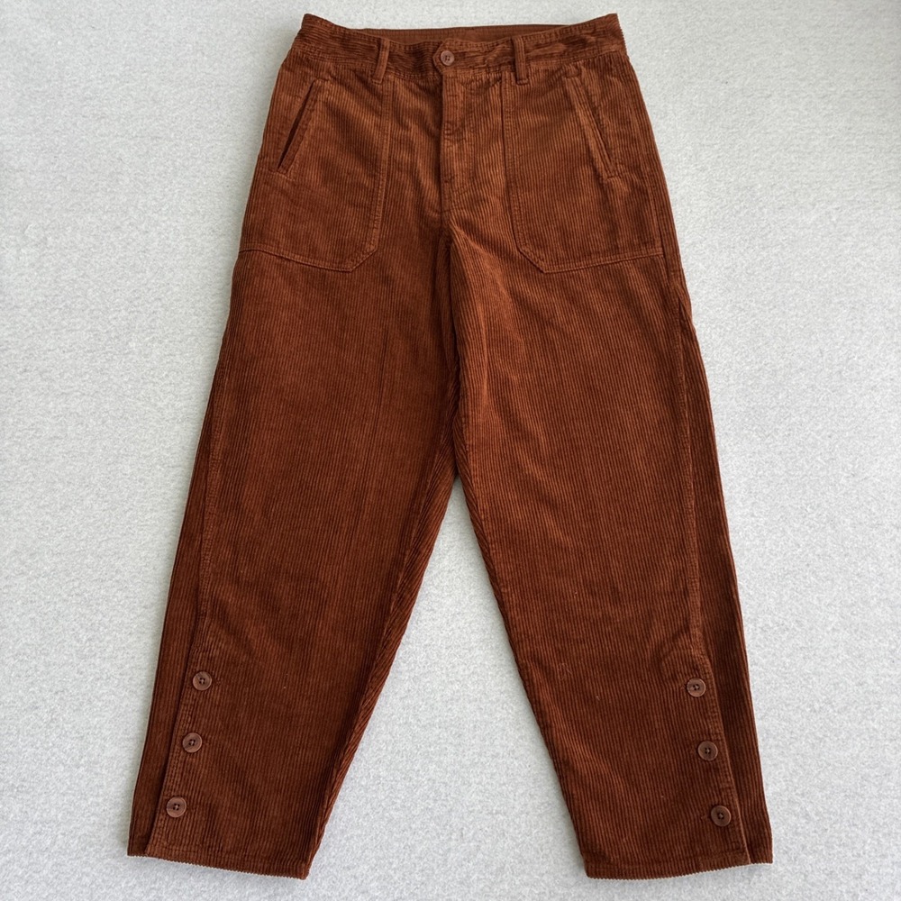 WRAP London Women's Tapered Trousers Corduroy Cotton Linen Brown Boho, Size 8